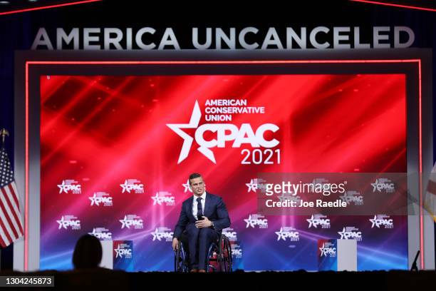 Rep. Madison Cawthorn addresses the Conservative Political Action Conference being held in the Hyatt Regency on February 26, 2021 in Orlando,...