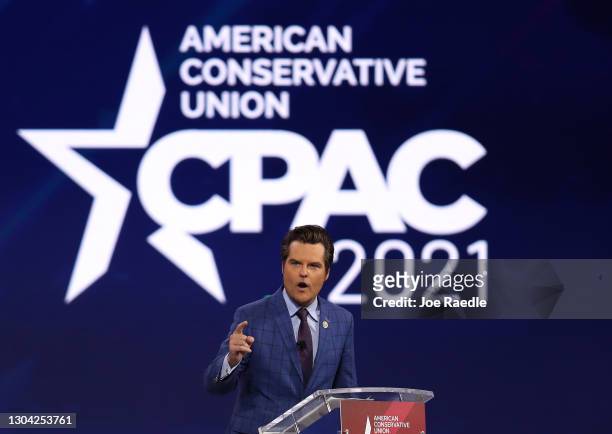 Rep. Matt Gaetz addresses the Conservative Political Action Conference being held in the Hyatt Regency on February 26, 2021 in Orlando, Florida....