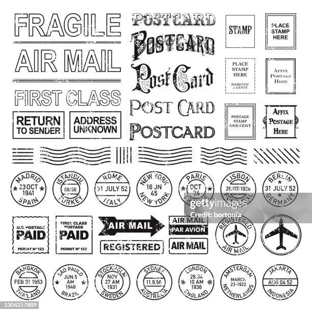 illustrazioni stock, clip art, cartoni animati e icone di tendenza di set di timbro postale vintage - timbro postale