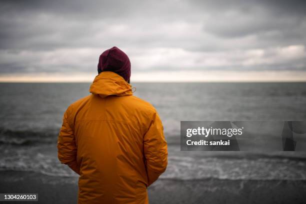 rückansicht eines mannes am meer - seemann stock-fotos und bilder