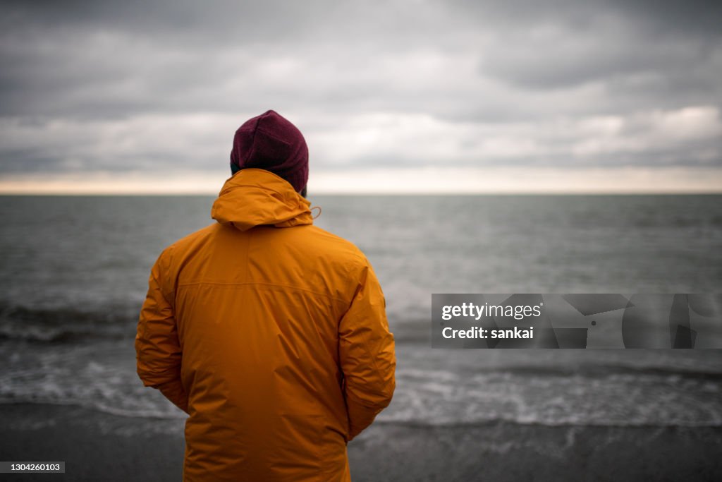 Rear view of a man at the sea