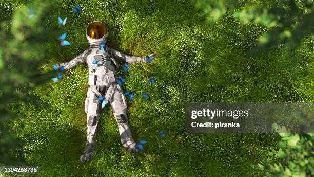 astronaut liegt auf der wiese - astronaut stock-fotos und bilder