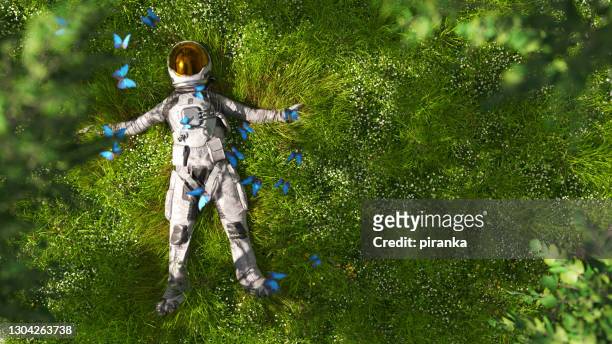astronaut lying in the meadow - day dreaming stock pictures, royalty-free photos & images