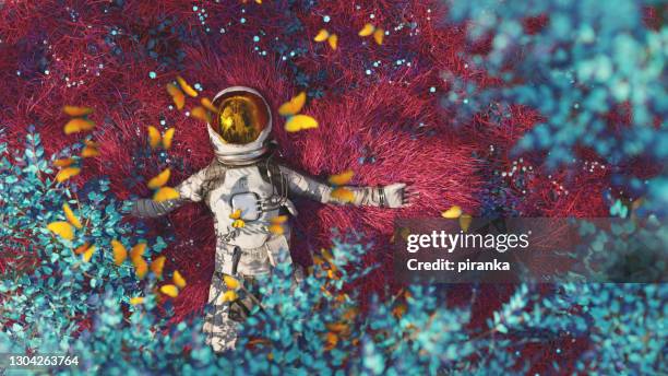 astronaut die op een buitenaardse planeet rust - dream stockfoto's en -beelden