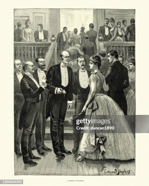 men gathered round a beautiful woman at high society party 1890s, 19th century - formal ball stock illustrations