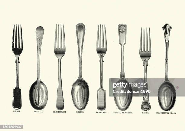 ilustraciones, imágenes clip art, dibujos animados e iconos de stock de ejemplos de cubiertos victorianos, tenedores y cucharas de los años 90, siglo xix - eating utensil