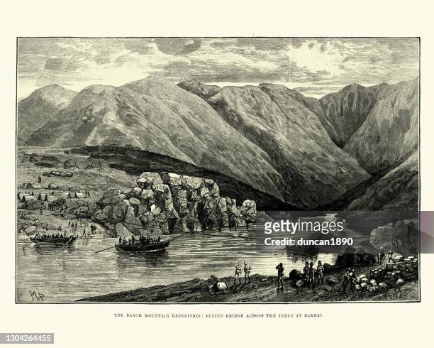 black mountain expedition 1891, building bridge across the indus at bakrai - indus valley stock illustrations