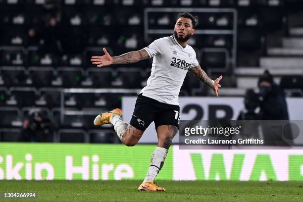 Colin Kazim-Roberts of Derby County celebrates his goal during the Sky Bet Championship match between Derby County and Nottingham Forest at Pride...