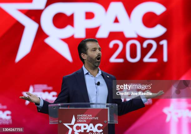 Don Trump, Jr. Addresses the Conservative Political Action Conference being held in the Hyatt Regency on February 26, 2021 in Orlando, Florida. Begun...