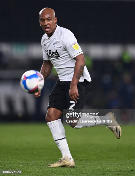 Andre Wisdom of Derby County runs with the ball during the Sky Bet Championship match between Derby County and Nottingham Forest at Pride Park...