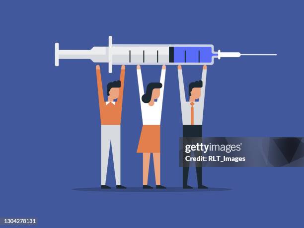 illustration of three business people holding up syringe of vaccine in triumph - vaccine confidence stock illustrations