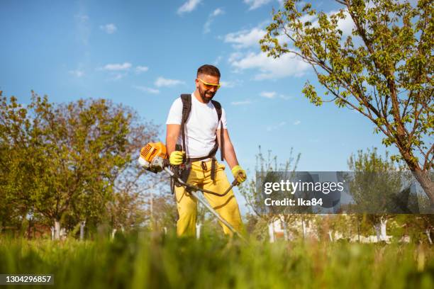 a man mows the thick grass with a gasoline trimmer - grass cut out stock pictures, royalty-free photos & images