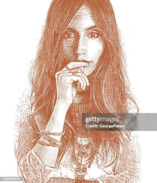 close up of a boho woman's face - head forward white background stock illustrations