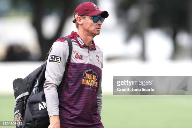 Fire coach Ashley Noffke looks on during the WNCL match between Queensland and Western Australia at Allan Border Field on February 27, 2021 in...