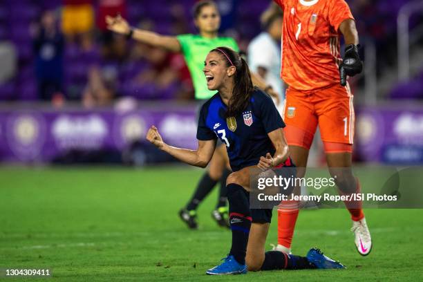 Alex Morgan of the USWNT celebrates her goal during a game between Argentina and USWNT at Exploria Stadium on February 24, 2021 in Orlando City,...