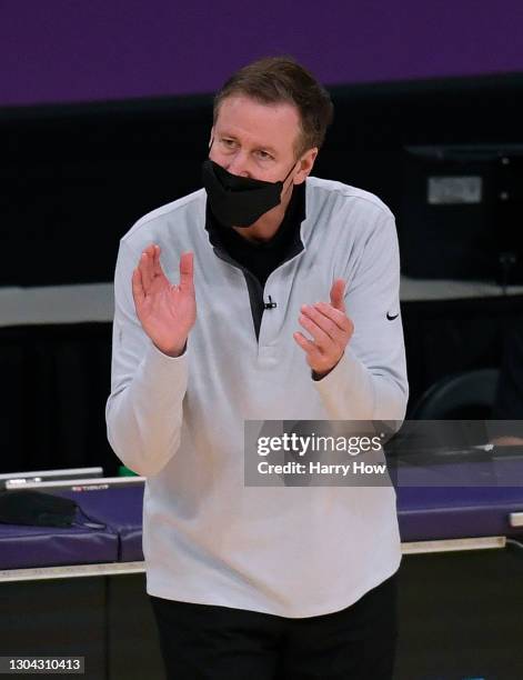 Head coach Terry Stotts of the Portland Trail Blazers encourages his team during a 102-93 Los Angeles Lakers win at Staples Center on February 26,...