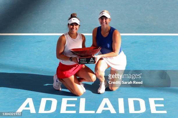 Winners of the doubles finals Desirae Krawczyk of USA and Alexa Guarachi of Chile during day six of the Adelaide International WTA 500 at Memorial...