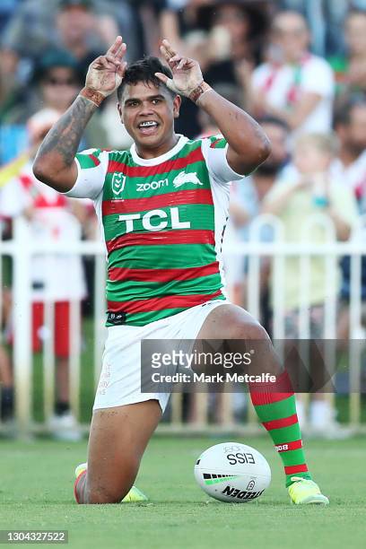 Latrell Mitchell of the Rabbitohs celebrates scoring a try during the Charity Shield & NRL Trial Match between the South Sydney Rabbitohs and the St...