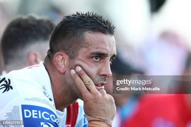 Paul Vaughan of the Dragons looks on during the Charity Shield & NRL Trial Match between the South Sydney Rabbitohs and the St George Illawarra...