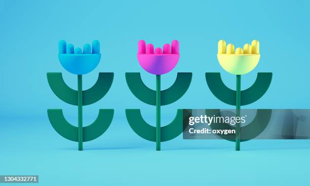 row of spring tulips bouquet flowers. flat design 3d rendering on pink background - flowerbed isolated stock pictures, royalty-free photos & images