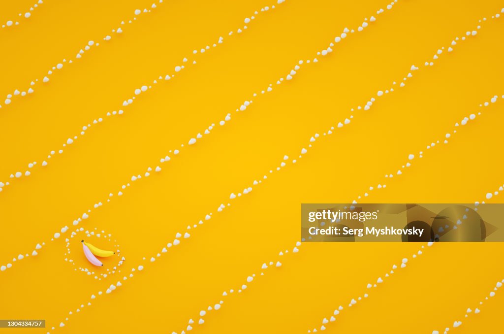 Purple and yellow banana on a yellow background pop art 3d render texture