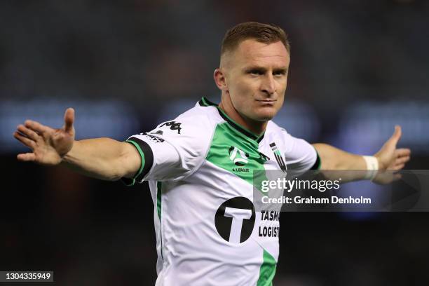 Besart Berisha of Western United celebrates a goal during the A-League match between the Melbourne Victory and Western United at Marvel Stadium, on...