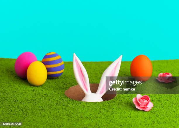 flat lay easter day banner background template - easter bunny stock pictures, royalty-free photos & images