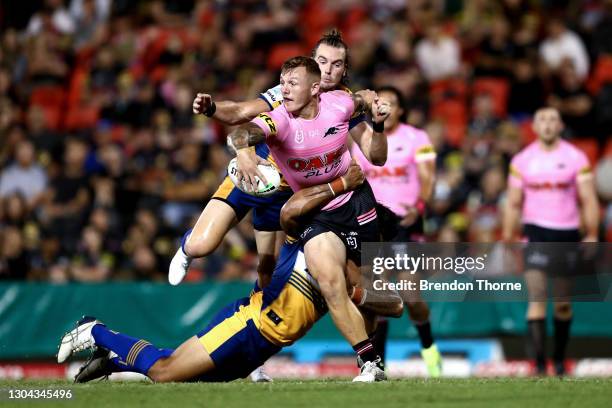 Maine Hopgood of the Panthers runs the ball during the NRL Trial Match between the Penrith Panthers and the Parramatta Eels at Panthers Stadium on...