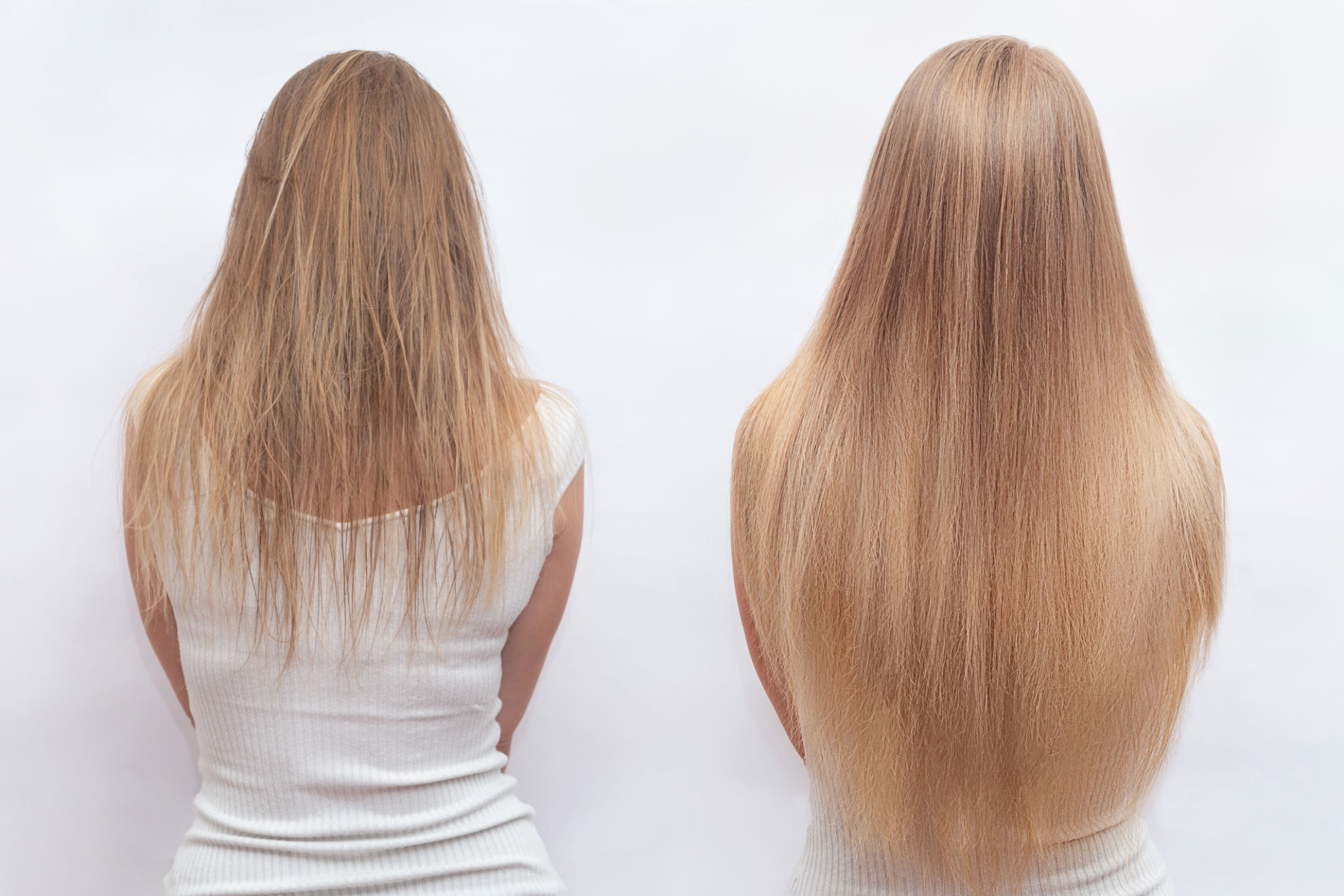 Woman before and after hair extensions on white background. Hair extension, beauty, tress, hair growth, styling, salon concept. Lenght and volume Woman before and after hair extensions on white background. Hair extension, beauty, tress, hair growth, styling, salon concept. Lenght and volume