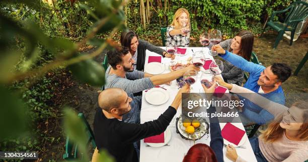 friends together enjoy meal and red wine: up the glasses - agritourism stock pictures, royalty-free photos & images