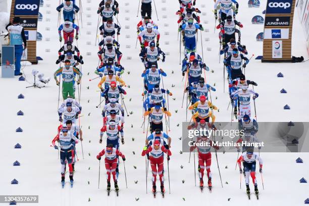 General view of the mass start during the Men's Cross Country Skiathlon 15 km/15 km C/F at the FIS Nordic World Ski Championships Oberstdorf at...