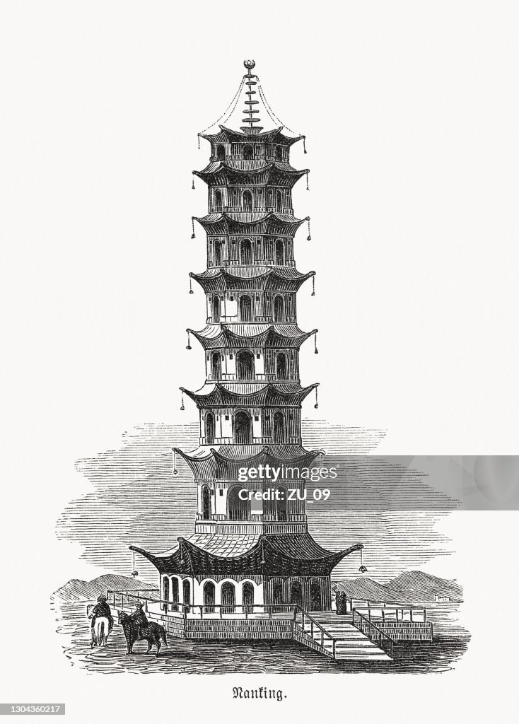 Porcelain Tower of Nanjing, China, wood engraving, published in 1893
