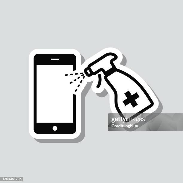 smartphone handle disinfection. icon sticker on gray background - maintenance worker with ipad stock illustrations