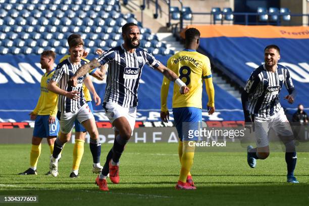 Kyle Bartley of West Bromwich Albion celebrates after scoring his team's first goal during the Premier League match between West Bromwich Albion and...
