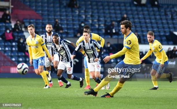 Pascal Gross of Brighton and Hove Albion misses a penalty during the Premier League match between West Bromwich Albion and Brighton & Hove Albion at...