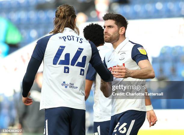 Brad Potts of Preston North End celebrates with his team mate Ched Evans after scoring his team's first goal during the Sky Bet Championship match...