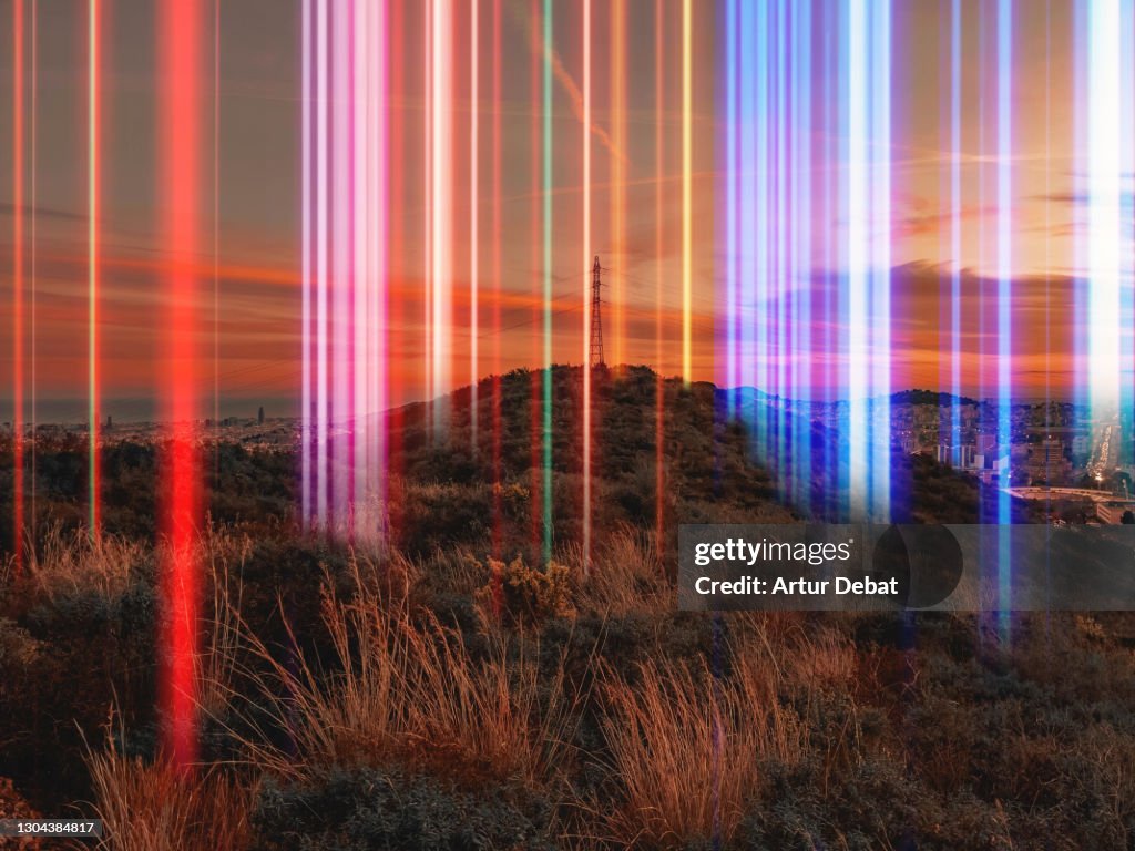 Colorful lights emerging from the city connected to the 5G network.