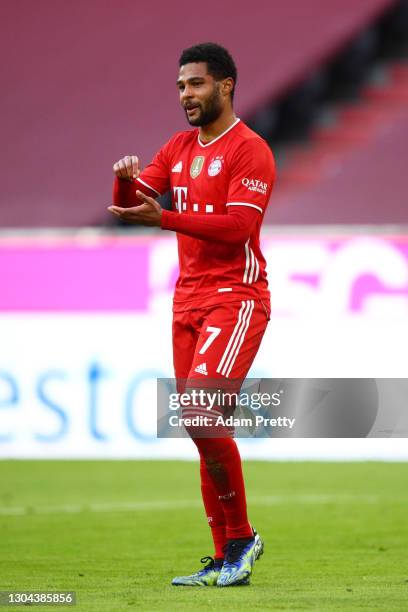 Serge Gnabry of FC Bayern Muenchen celebrates after scoring his team's fifth goal during the Bundesliga match between FC Bayern Muenchen and 1. FC...