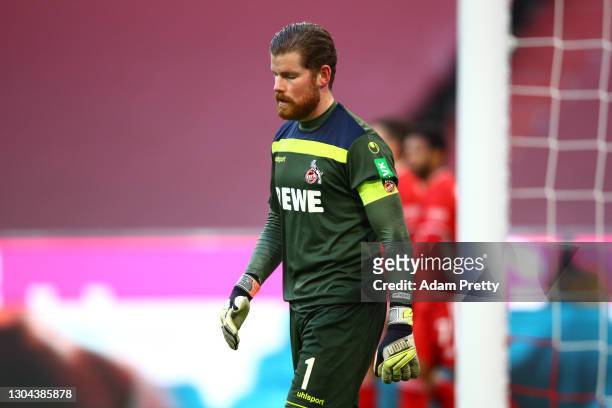Timo Horn of 1. FC Koeln looks dejected during the Bundesliga match between FC Bayern Muenchen and 1. FC Koeln at Allianz Arena on February 27, 2021...