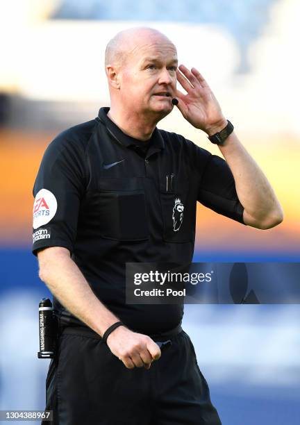 Referee Lee Mason gives instructions during the Premier League match between West Bromwich Albion and Brighton & Hove Albion at The Hawthorns on...