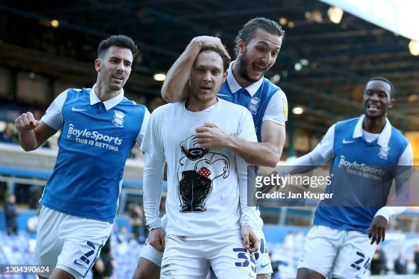Alen Halilovic of Birmingham City celebrates with teammates Maxime Colin and Ivan Sunjic after scoring his team's second goal during the Sky Bet...