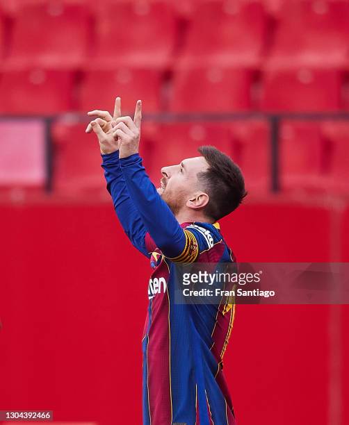 Lionel Messi of FC Barcelona celebrates during the La Liga Santander match between Sevilla FC and FC Barcelona at Estadio Ramon Sanchez Pizjuan on...