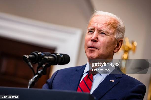 President Joe Biden addresses the nation about the new coronavirus relief package from the Rosevelt Room of The White House on February 27, 2021 in...