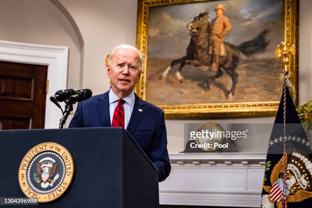 President Joe Biden addresses the nation about the new coronavirus relief package from the Rosevelt Room of The White House on February 27, 2021 in...