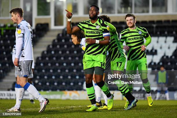 Jamille Matt of Forest Green Rovers celebrates after scoring his team's first goal during the Sky Bet League Two match between Forest Green Rovers...