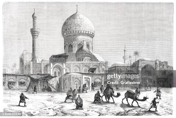 stockillustraties, clipart, cartoons en iconen met marktplaats met grote moskee ahmet-khiaia in bagdad 1861 - old baghdad