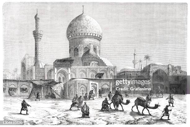 stockillustraties, clipart, cartoons en iconen met marktplaats met grote moskee ahmet-khiaia in bagdad 1861 - baghdad