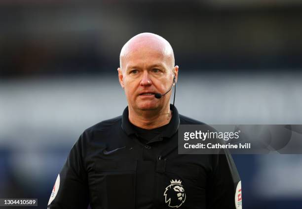 Referee Lee Mason during the Premier League match between West Bromwich Albion and Brighton & Hove Albion at The Hawthorns on February 27, 2021 in...