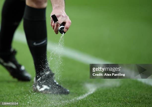Referee, Mike Dean applies vanishing spray onto the pitch for a free kick during the Premier League match between Newcastle United and Wolverhampton...