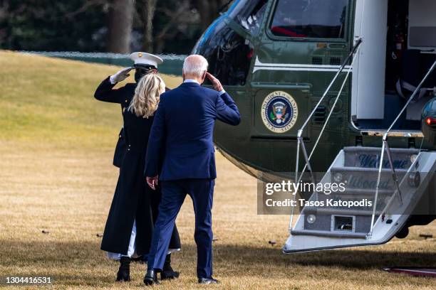 First Lady Jill Biden and U.S. President Joe Biden walk to board Marine One on the south lawn on February 27, 2021 in Washington, DC. President Joe...